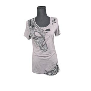 MM Couture Distressed Beaded Cutout Tee Size M Grunge Y2K Fairycore Top N32